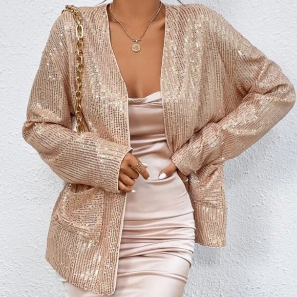 Sequinned Open Front Jacket Coat Blazer champagne - Picture 4 of 6